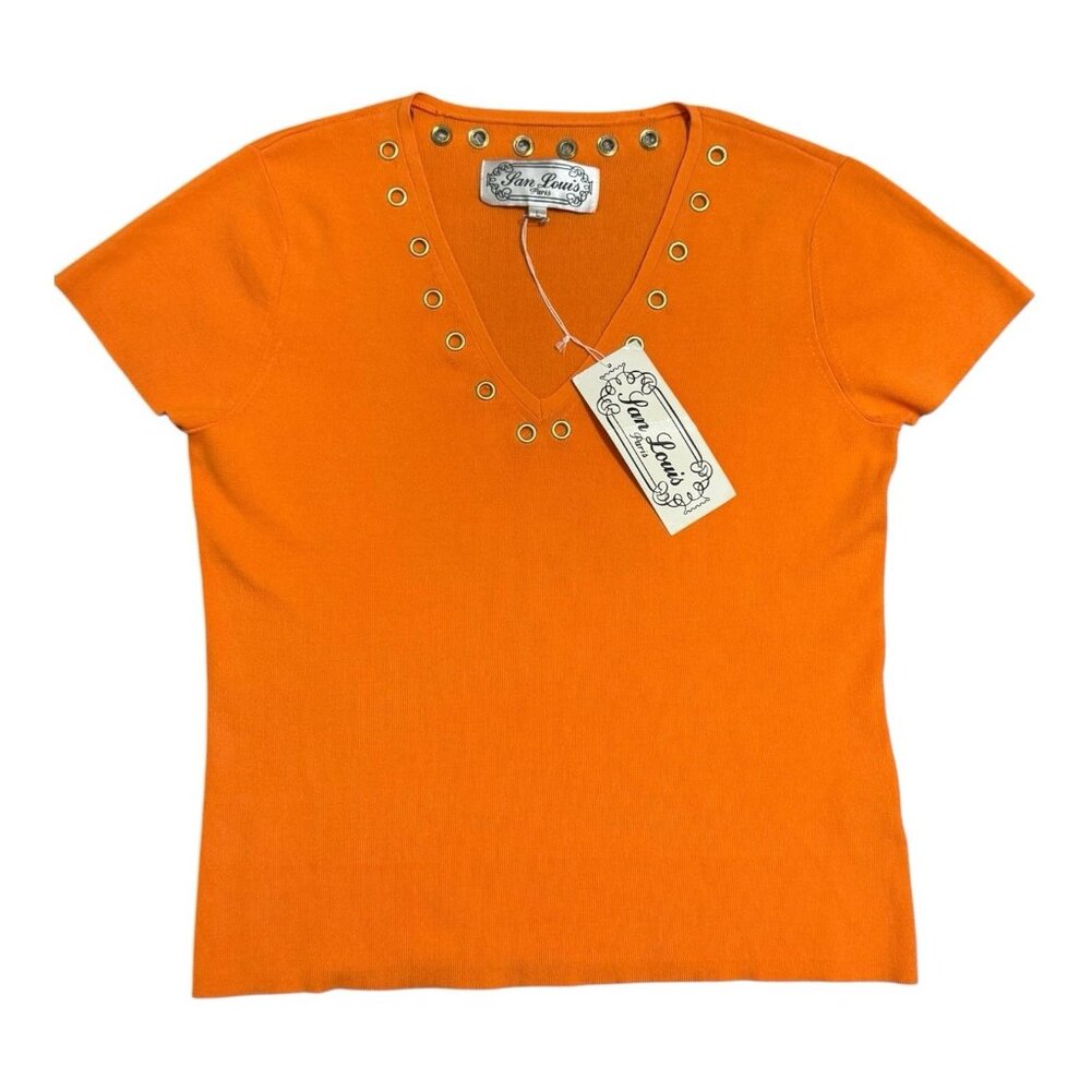 Ian Louis Paris Orange Knit Top L NWT Gold Grommet V-Neck Short Sleeve Retro